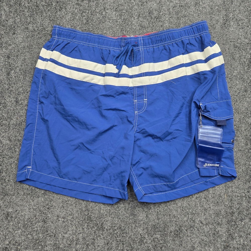 St. Johns Bay Mens Size XL Swim Trunks Blue White Striped Cargo Board Shorts
